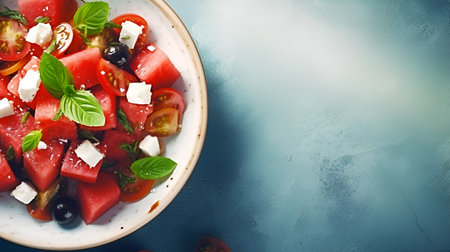 Watermelon and tomato salad with feta cheese, overhead scene on blue background with copy space. Top view of watermelon tomato salad with feta cheese, black olives and basil leaves. AI generatedの素材