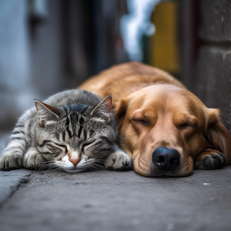 Poor sad hungry dirty homeless cat and dog sleep in the street together. Heartbreaking image of a hopeless homeless dog and cat trying to survive together. Save the animals. AIの素材