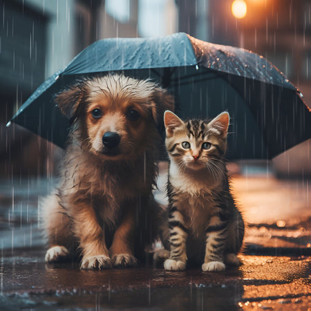 Poor sad hungry dirty homeless puppy and kitten sit in the street under umbrella in the rain. Heartbreaking image of a hopeless homeless dog and cat trying to survive together. Save the animals. AIの素材