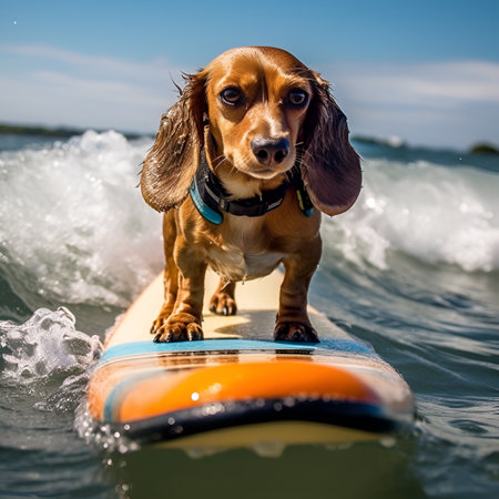 A serious dog surfing on a SUP board in the sea. Dachshund dog surfing on a surfboard. water sports. Summer activities concept. Sea and sky background with a surfer dog. AIの素材