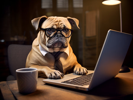 Illustration of a serious dog working on a laptop at the office. French bulldog office clerk sitting in armchair in the office with laptop working on a project in glasses and tie. AIの素材