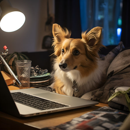 Illustration of a corgi dog working on a laptop from home. Corgi dog looking sitting on a cozy coach in front of a laptop pretending to be working. AIの素材