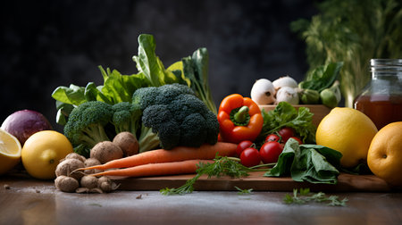 Raw food concept. Assortmrnt of raw vegetables on a wooden cutting board on dark background. Composition with assorted raw organic vegetables. Detox Diet. AIの素材