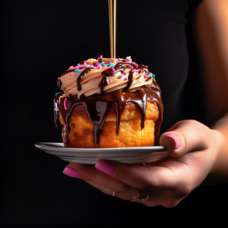 Woman's hand holding a saucer with chocolate cupcake, close up. Hand holding cupcake with a fork stuck in cake. Creamy chocolate cupcake in hand. birthday celebration concept. AIの素材