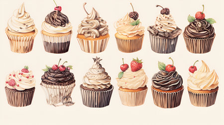 Set of sweet bakery decorated cupcakes, hand drawn illustration. Cupcake variety illustration on white background. Assortment of different cupcakes, sketch for design, menu, web site. AIの素材