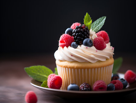 Cupcake with whipped cream and fresh raspberries on a plate over dark background, close up. Creamy vanilla raspberry cupcake decorated with fresh berries and mint leaves. AIの素材