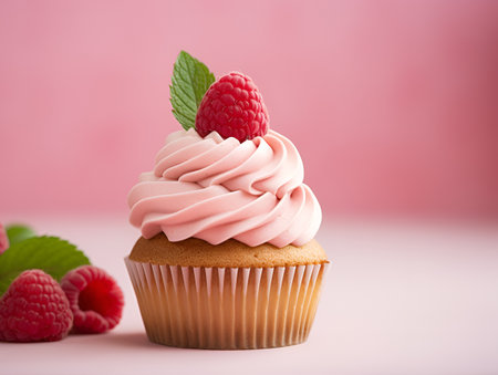 Cupcake with rasberries close up, trendy light pink background. Cupcake banner, copy space. Vanilla raspberry cupcake with ligth cream topping garnished with berries and mint, front view. AIの素材