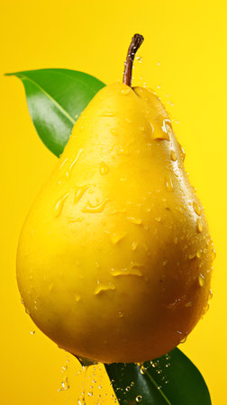 Yellow pear in water splashes close up. Whole pear isolated on yellow background with water drops. Vertical illustration of juicy pear with water splash, fruit background. AI generatedの素材
