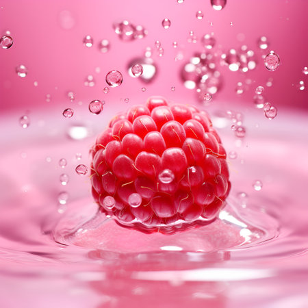 Raspberry floating in water splashes. Single raspberry isolated on pink background with water drops. Illustration of juicy raspberry with water splash, fruit and berry background. AIの素材