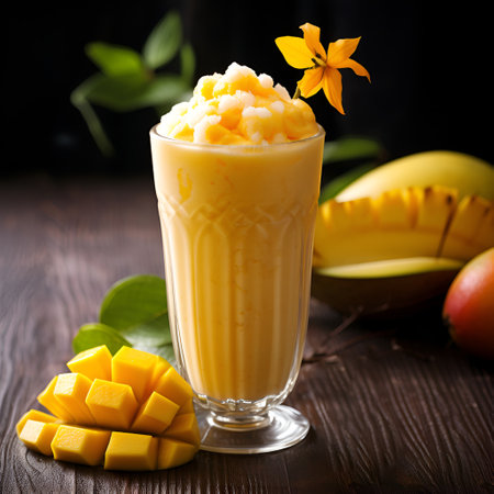Mango smoothie in a high glass with sliced fresh mango fruit and tropical flowers on wooden table. Creamy tropical drink on dark background. Close up of iced mango drink. AIの素材