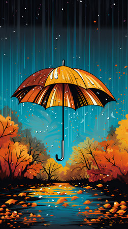 An open umbrella under autumn leaves fall. Vertical illustration of an opened umbrella over autumn background with falling leaves and rain drops. Autumn banner with umbrella and autumn leaves. AIの素材