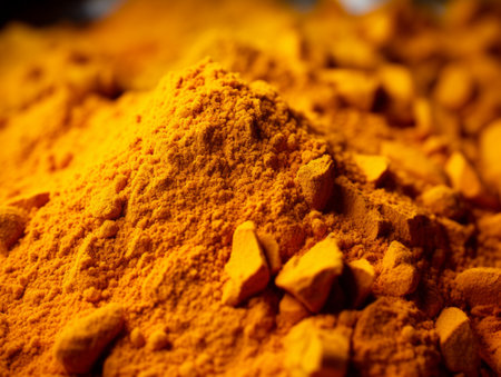 Turmeric marco close up. Turmeric powder or curcuma powder made of turmeric root, popular Indian spice. Main component in Indian curry seasoning also used in medicine and culinary. natural dye. AIの素材