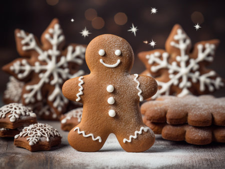 Gingerbread man banner. Festive background with smiling gingerbread man cookies over blurred bokeh background, copy space. Happy winter holidays concept. Merry Christmas and Happy New Year backgroundの素材