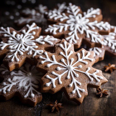 Gingerbread cookies close up. Christmas homemade gingerbread cookies on dark wooden table. Christmas banner with cookies glazed with white icing. Happy new year and happy winter holidays conceptの素材