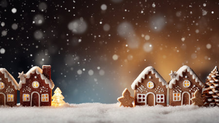 Gingerbread house background. Homemade Christmas Gingerbread Houses on table over blurred snowy background. Christmas background with copy space. Happy new year and happy winter holidays conceptの素材