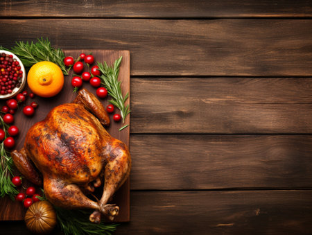Thanksgiving Turkish background with copy space. Roasted turkey garnished with oranges, cranberries and herbs on wooden table. Festive dish served for Thanksgiving or Christmas family dinner, top viewの素材