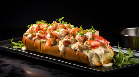 Lobster roll. Classic New England seafood sandwich. Lobster with lemon juice, mayo, butter, celery, scallions, dill, salt, pepper on a toasted hot dog bun. Lobster roll close up, seafood conceptの素材