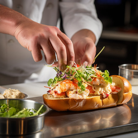 Lobster roll. Chef's hands preparing classic New England seafood sandwich. Lobster with lemon juice, mayo, butter, celery, scallions, dill, salt, pepper on a toasted hot dog bun. Sea food conceptの素材