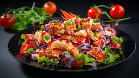 Lobster salad with fresh salad, cherry tomatoes, lettuce and red onion served in a dark plate on a dark background. Crab meat salad close up. Sea food conceptの素材