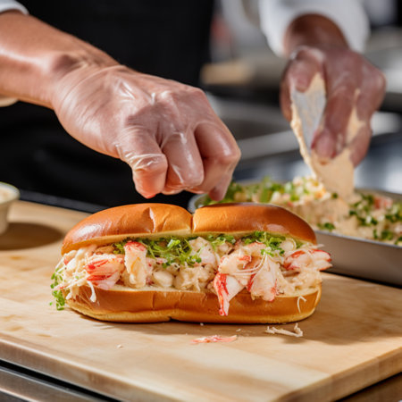 Lobster roll. Chef's hands cooking classic New England seafood sandwich. Lobster with lemon juice, mayo, butter, celery, scallions, dill, salt, pepper on a toasted hot dog bun. Sea food conceptの素材