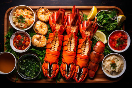 Grilled lobster tails. Seafood platter with a set of lobster tails and shrimps with lemon and different sauces. top view. Lobster restaurant dish. Sea food conceptの素材