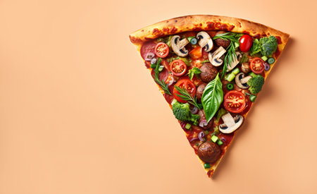 Vegan pizza slice isolated on colored background. Top view of a slice of vegetarian pizza with soy sausage, mushrooms, vegan cheese, cherry tomatoes, red onion & fresh basil. Pizza banner, copy spaceの素材