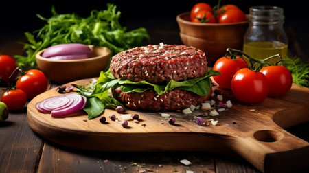 Vegan burger ingredients with plant based meat free cutlet on wooden board on dark background. Raw Plant based meat for burgers and other burger ingredients. Healthy vegan food conceptの素材