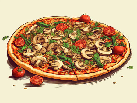 Vegan pizza with cherry tomatoes, mushrooms, vegan cheese and fresh basil. Italian food. Vegetarian pizza illustration for menu, delivery, ads, print production. food illustration close upの素材