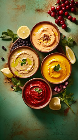 Hummus. Various hummus dips, red, yellow, white humus. Chickpea, pumpkin, carrot and beetroot hummus in bowls on light turquoise background. Mediterranean snack, vegetarian healthy food conceptの素材