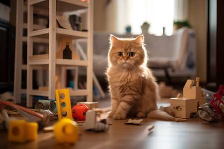 Cute kitten sitting on floor in new apartment. Moving with pet concept. Scared cat in a messy room in a new house, relocation day. Moving to a new house, renovation in the apartment. Pets in stressの素材