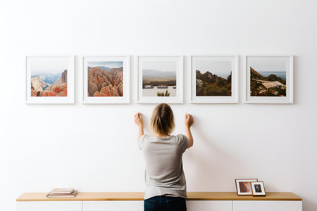 Woman hanging picture frames on wall in a new house. A woman positioning framed pictures on a white wall in a new apartment creating cosiness in new home. Cozy home conceptの素材