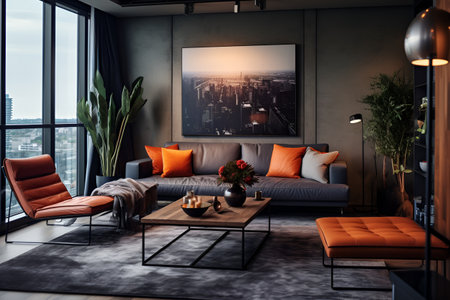 Interior design of modern living room with panoramic window, comfortable sofa and arm chairs. Furniture arrangement in a new aparment ready for rent, mortgage, real estate, renovation service concept.の素材