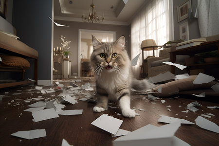 Stressed cat messed up in a new apartment. Moving with pet concept. An angry cat in a messy room in a new house, relocation day. Moving to a new house, renovation in the apartment. Pets in stressの素材