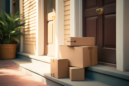 Online purchase delivery service concept. Cardboard parcel boxes delivered outside the door. Parcel on the doorstep of a house near entrance door. Moving to new apartment, transportation serviceの素材
