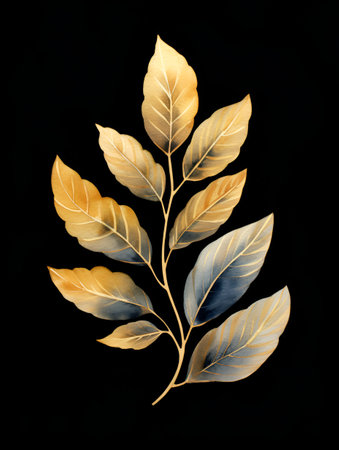 Branch of golden leaves on dark background. Golden autumn leaves on a branch isolated on dark background, vertical watercolor illustration. Luxury autumn leaves banner in golden and black colorsの素材