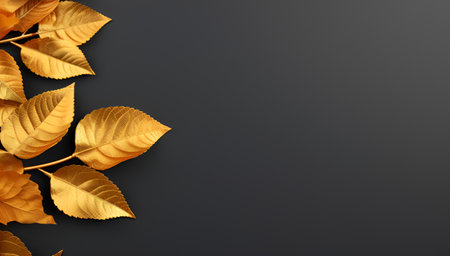 golden leaves on dark background. Golden autumn leaves isolated on dark gray background with copy space. Luxury autumn leaves banner in yellow and gray warm colorsの素材