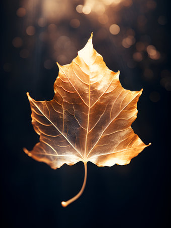 Single golden autumn leaf over dark bokeh background. Gold autumn leaf on dark background at the sunset, golden hour lightning. Luxury autumn leaves banner in gold and black colorsの素材