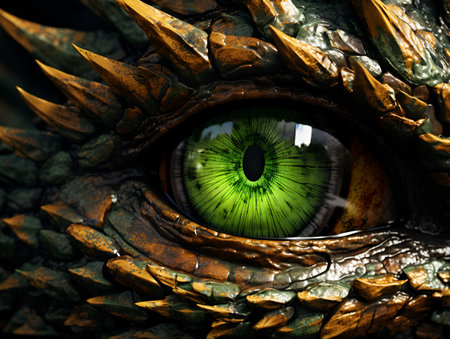 green dragon eye. Light green eye of a wooden Dragon. green eyes. Mythological creature concept. animal eye. Fantastic monster. ancient reptile. dark tones. 3D illustration. Symbol of the year 2024の素材