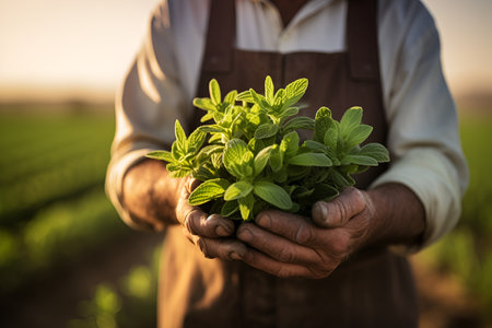 Steavia plant in farmer hands over blurred stevia field, sunny day. A farmer holding a bunch of Stevia plant on unfocused background. Natural sweetener, sugar substitute, alternative sugar. no sugarの素材