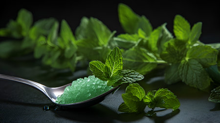 green sugar. Spoon filled with green stevia crystals and fresh stevia leaves, dark background. Organic green sugar banner, copy space. Natural sweetener, sugar substitute, alternative sugar. no sugarの素材