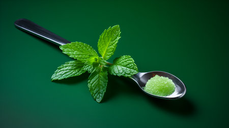 green sugar. Spoon filled with green stevia crystals and fresh stevia leaves, dark background. Organic green sugar banner, copy space. Natural sweetener, sugar substitute, alternative sugar. no sugarの素材