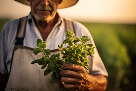 Farmer holding bunch of stevia plant over blurred stevia field. A farmer holding a bunch of Stevia plant on unfocused background. Natural sweetener, sugar substitute, alternative sugar. no sugar conceptの素材
