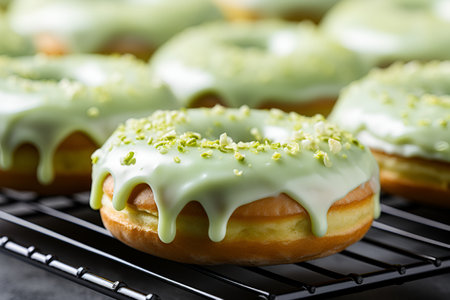 Homemade matcha green tea donuts covered with green matcha powder graze and grated pistachio on a cooling rack, close up. Pistachio donuts, ready to eat. Donut bannerの素材