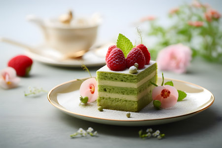 Matcha cake slice with pistachio and vanilla layers on gray background. Healthy sweet food concept. Matcha dessert banner with copy space for ads, menu, cards. Matcha sweets garnished with raspberriesの素材