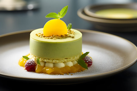 Layered matcha green tea biscuit cake with vanilla cream and mango puree. Healthy sweet food concept. Matcha dessert garnished with mango slice and mint leaf. Matcha sweetsの素材