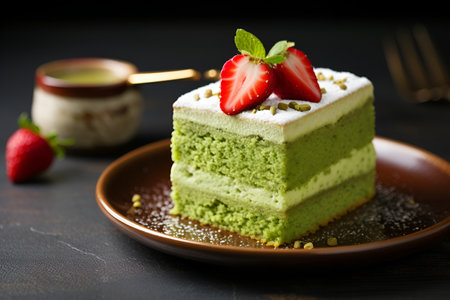 Piece of matcha biscuit cake with pistachio and vanilla layers garnoshed with strawberry on gray background. Sweet food concept. Pistachio dessert close up. Matcha souffle sweets, close-upの素材