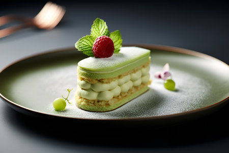 Creamy matcha cake with pistachio and vanilla layers on dark background, close-up. Sweet food concept. Matcha pistachio dessert vith vanilla cream. Matcha sweets garnished with raspberry and mint leafの素材