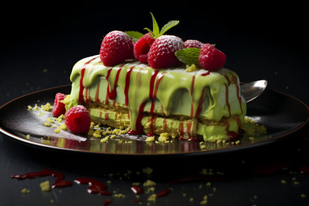 Creamy matcha cake slice with pistachio and vanilla layers on dark background. Sweet food concept. Piece of matcha dessert close up with pistachio cream. Matcha sweets garnished with raspberriesの素材