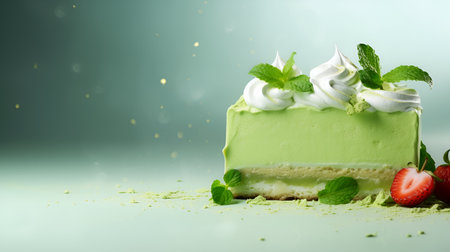 Matcha green tea ice cream cheesecake on colored background. Gluten free no bake dessert. Healthy sweet food. Creamy pistachio flavored cake. Matcha dessert banner with copy space for ads, menu, cardsの素材