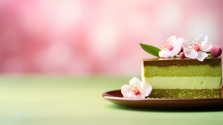 Matcha souffle cake with chocolate, pistachio and vanilla layers on green pink blurred background. Healthy sweet food concept. Matcha dessert garnished with sakura flowers. Matcha pistachio sweetsの素材